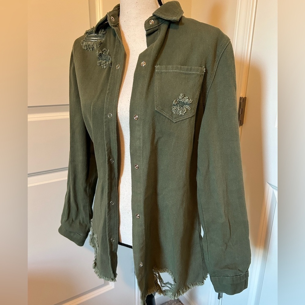 Army green denim, distressed, button-down jacket with collar